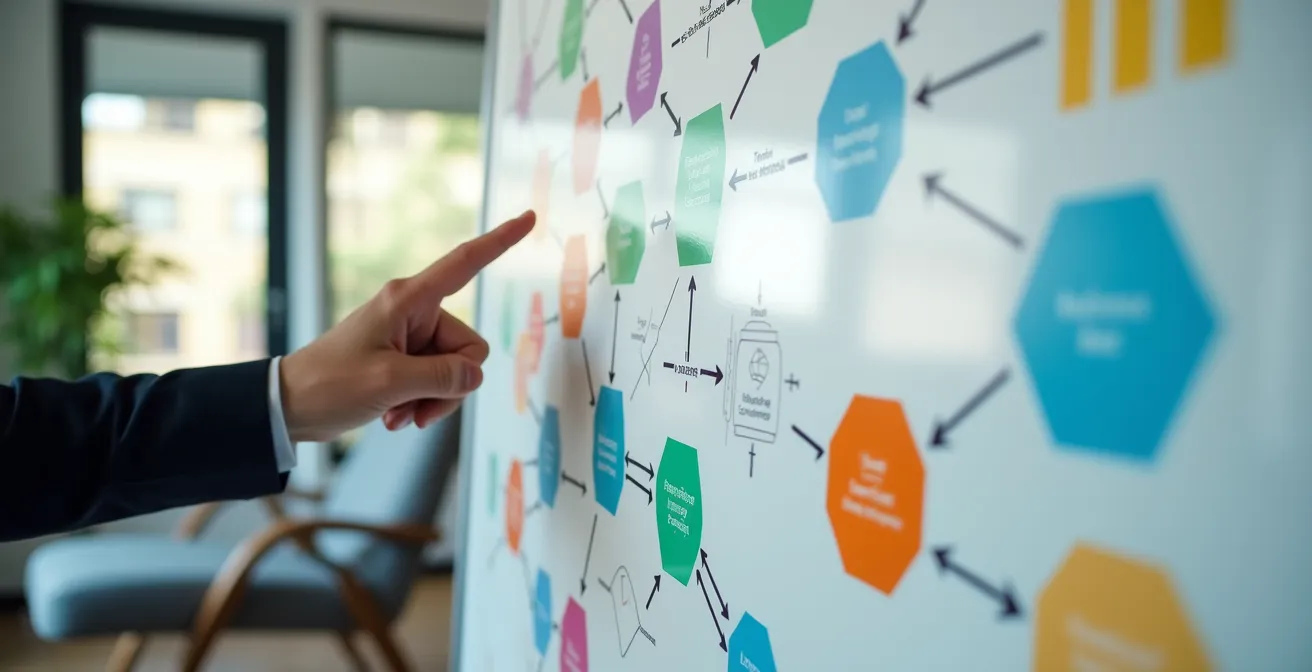 Business professionals analyzing different corporate structure options with flowchart diagrams on a modern whiteboard in French office