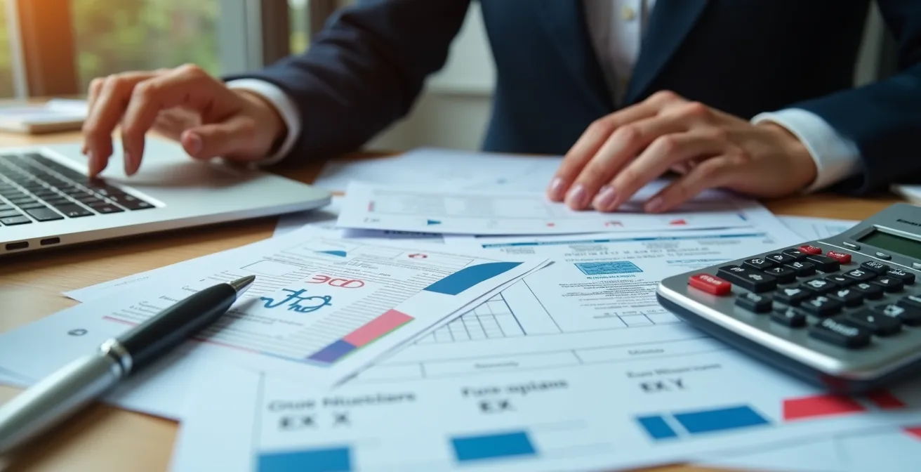 International business team reviewing tax documents and VAT calculations with French tax forms spread across modern office desk
