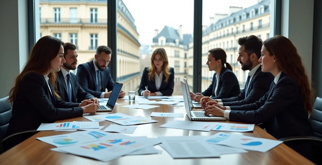 Professional business meeting with diverse international team reviewing financial documents and charts in modern French office setting