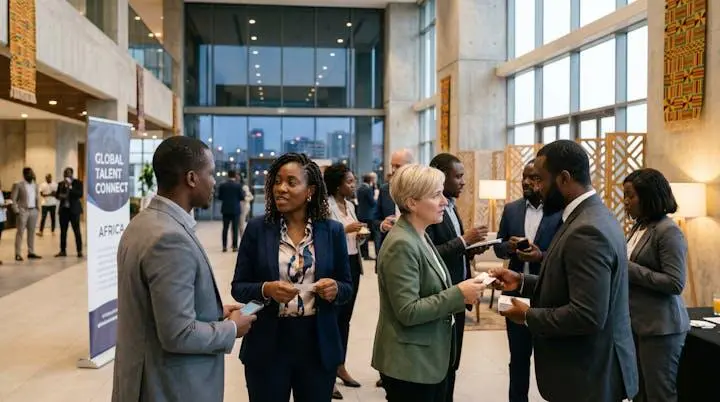 Business professionals networking at contemporary African conference center event