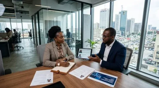HR executive meeting with local recruitment consultant in modern African business office with city skyline view