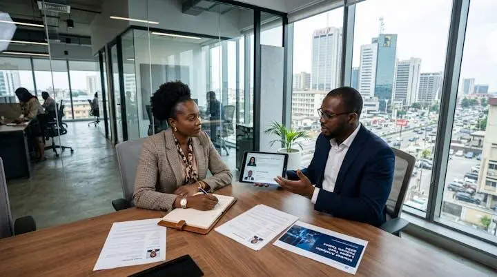 HR executive meeting with local recruitment consultant in modern African business office with city skyline view