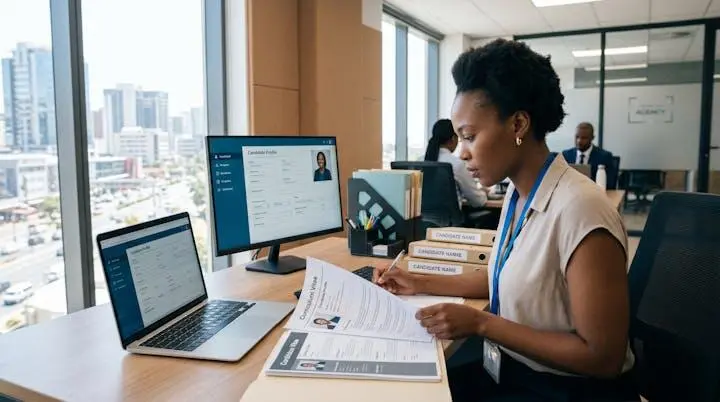 Organized recruitment specialist workspace with candidate assessment materials in African business office